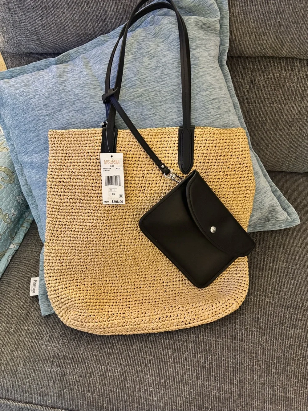 Michael Kors Eliza North/South Natural Woven Tote with Black Leather Pouch NWT